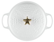 Weißer Bräter mit weihnachtlichem Muster und goldfarbenem Sternknauf, Draufsicht