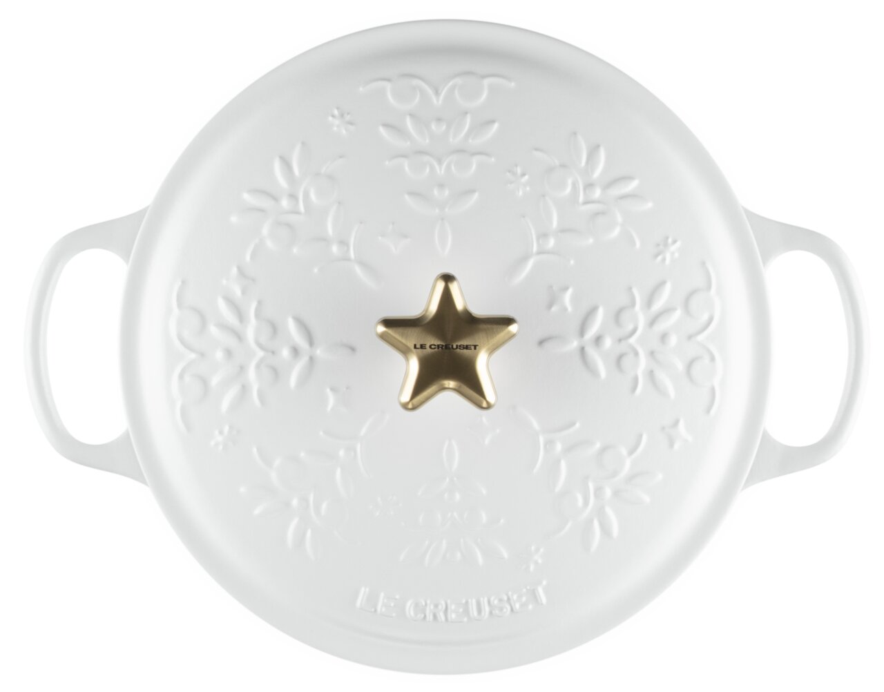 Weißer Bräter mit weihnachtlichem Muster und goldfarbenem Sternknauf, Draufsicht