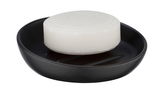 Schwarze Keramik Seifenablage mit runder Seife, seitliche Perspektive