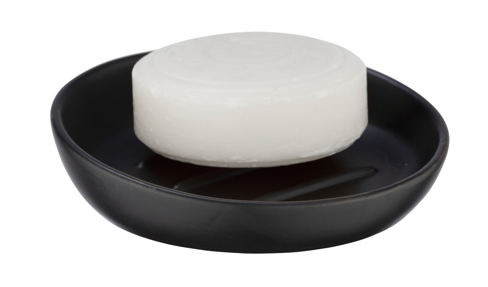 Schwarze Keramik Seifenablage mit runder Seife, seitliche Perspektive