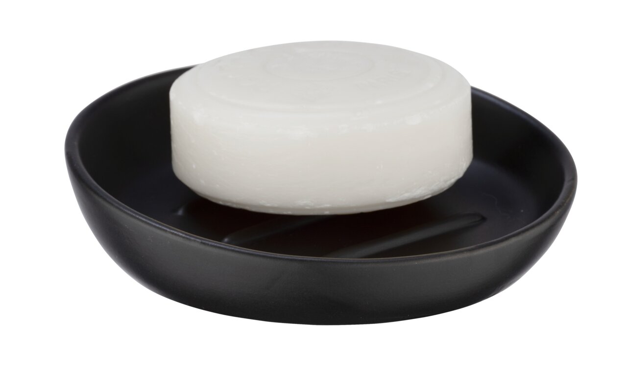 Schwarze Keramik Seifenablage mit runder Seife, seitliche Perspektive