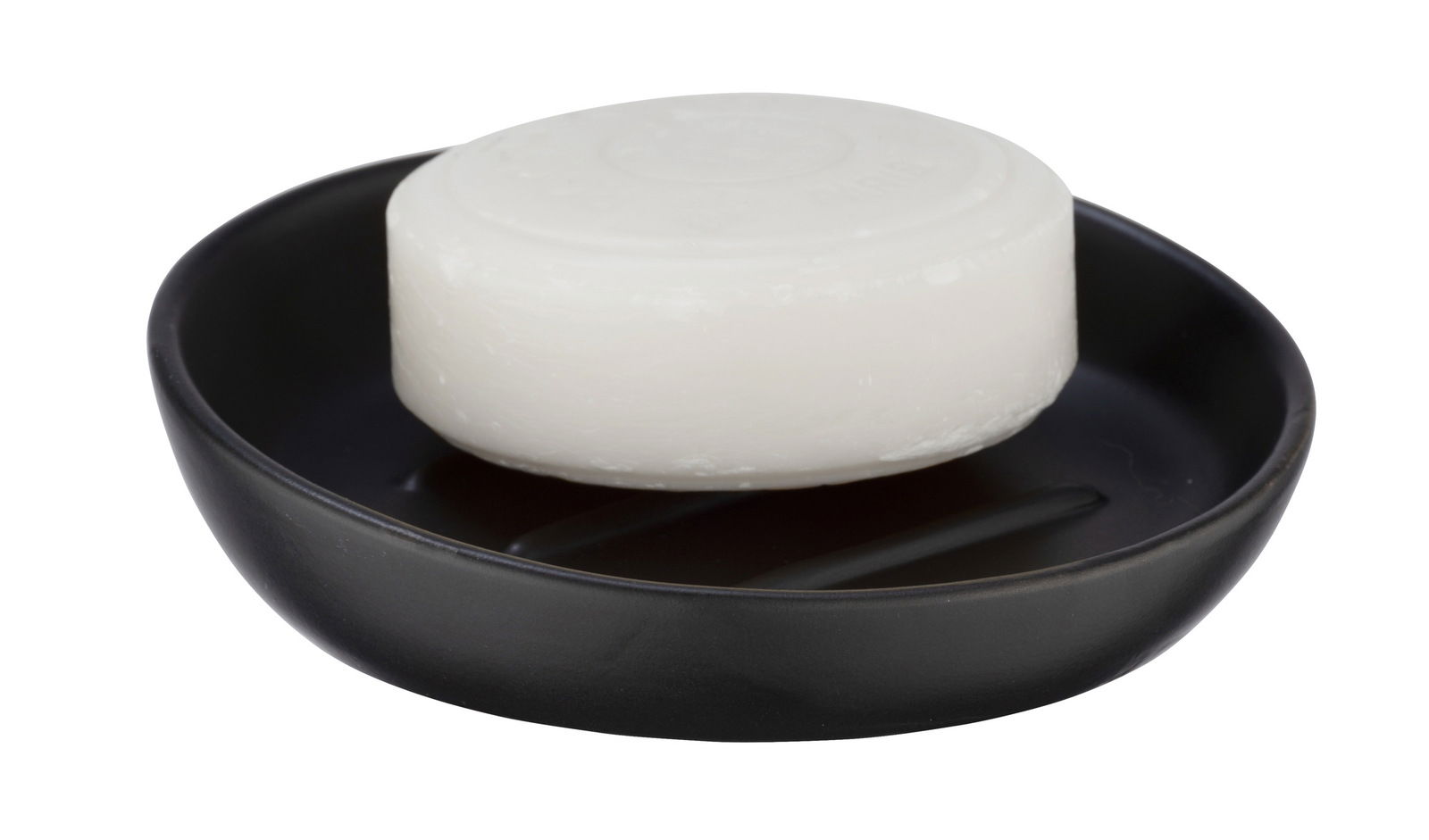 Schwarze Keramik Seifenablage mit runder Seife, seitliche Perspektive