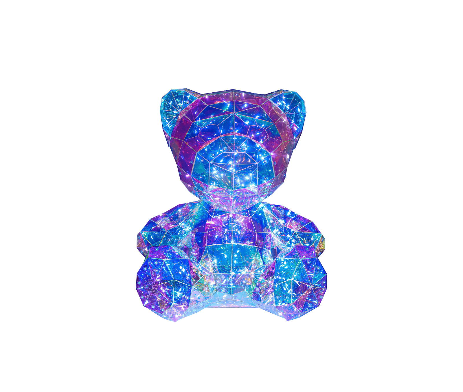Bunte LED-Dekoleuchte in Form eines Bären, aus der Vorderansicht fotografiert, mit facettenreichen, leuchtenden Oberflächen.