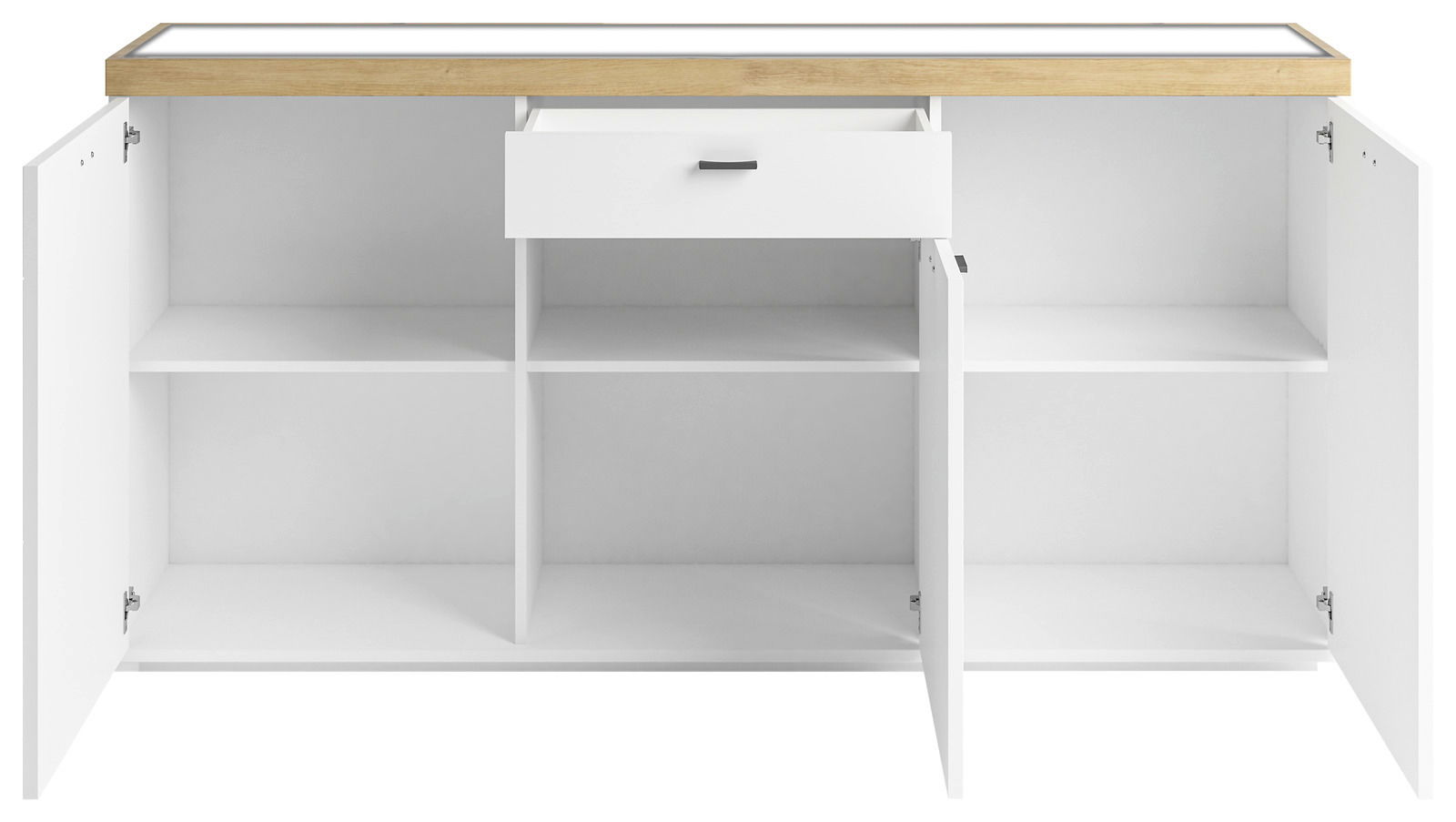 Weißes Sideboard mit Holzplatte, geöffnete Türen und Schublade, frontale Ansicht