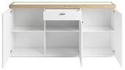 Weißes Sideboard mit Holzplatte, geöffnete Türen und Schublade, frontale Ansicht