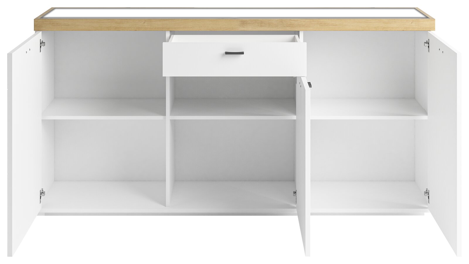 Weißes Sideboard mit Holzplatte, geöffnete Türen und Schublade, frontale Ansicht