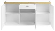 Weißes Sideboard mit Holzplatte, geöffnete Türen und Schublade, frontale Ansicht