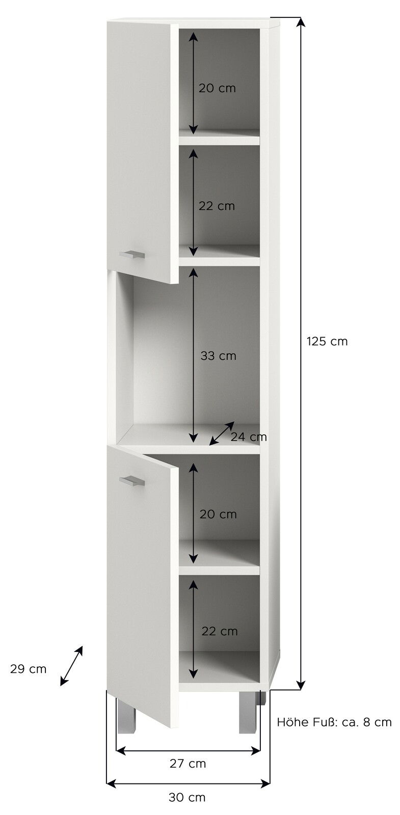 Weißer Badschrank mit zwei Türen, vier Fächern und silbernen Griffen, Maße: 125 cm hoch, 30 cm breit, 29 cm tief, Perspektive von vorne.