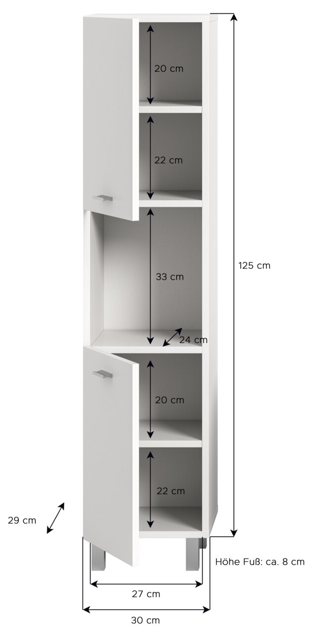 Weißer Badschrank mit zwei Türen, vier Fächern und silbernen Griffen, Maße: 125 cm hoch, 30 cm breit, 29 cm tief, Perspektive von vorne.
