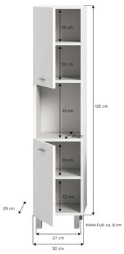 Weißer Badschrank mit zwei Türen, vier Fächern und silbernen Griffen, Maße: 125 cm hoch, 30 cm breit, 29 cm tief, Perspektive von vorne.