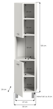 Weißer Badschrank mit zwei Türen, vier Fächern und silbernen Griffen, Maße: 125 cm hoch, 30 cm breit, 29 cm tief, Perspektive von vorne.