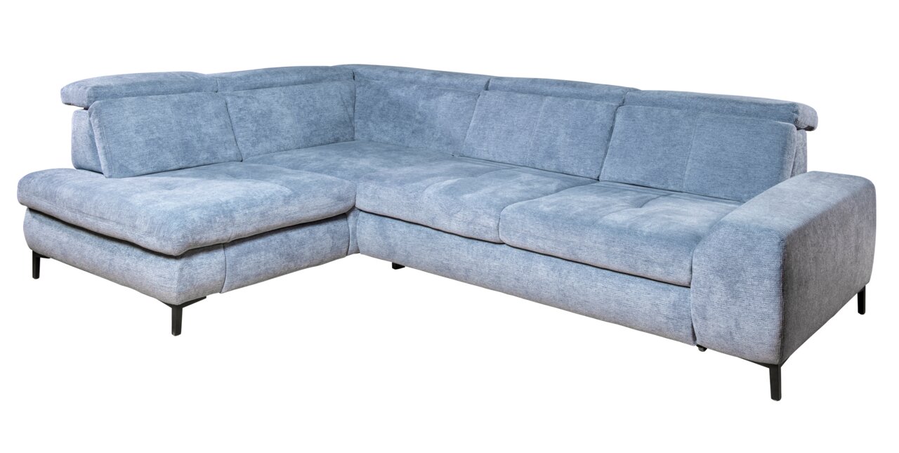 Blaue Eckcouch mit verstellbaren Kopfstützen, aus der Perspektive von vorne links fotografiert.