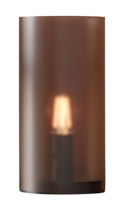 Zylindrische Tischleuchte mit braunem, halbtransparentem Schirm, frontal betrachtet