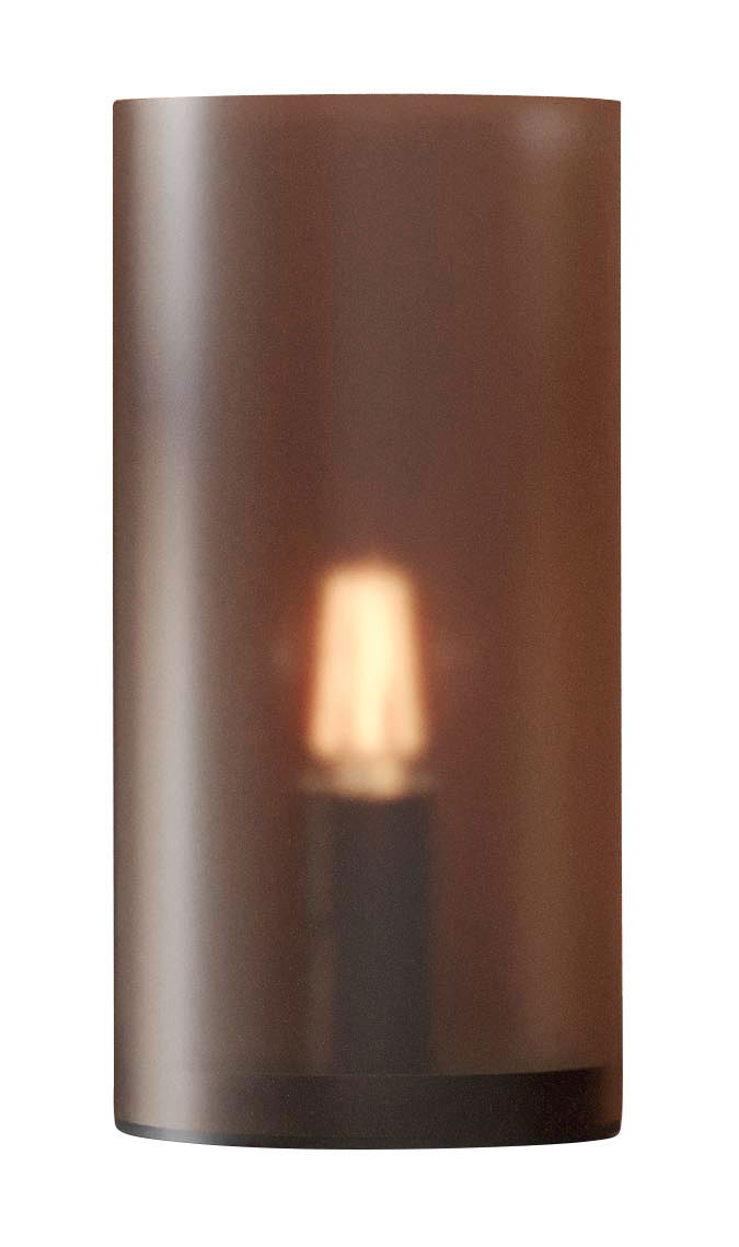 Zylindrische Tischleuchte mit braunem, halbtransparentem Schirm, frontal betrachtet