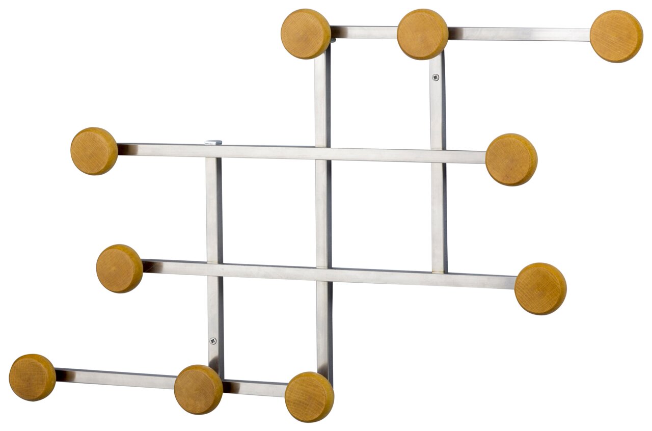 XORA Wandgarderobe XENIA Moderne Wandgarderobe XORA XENIA mit einem geometrischen Design aus Metallstreben und runden Holzhaken, frontal abgebildet.