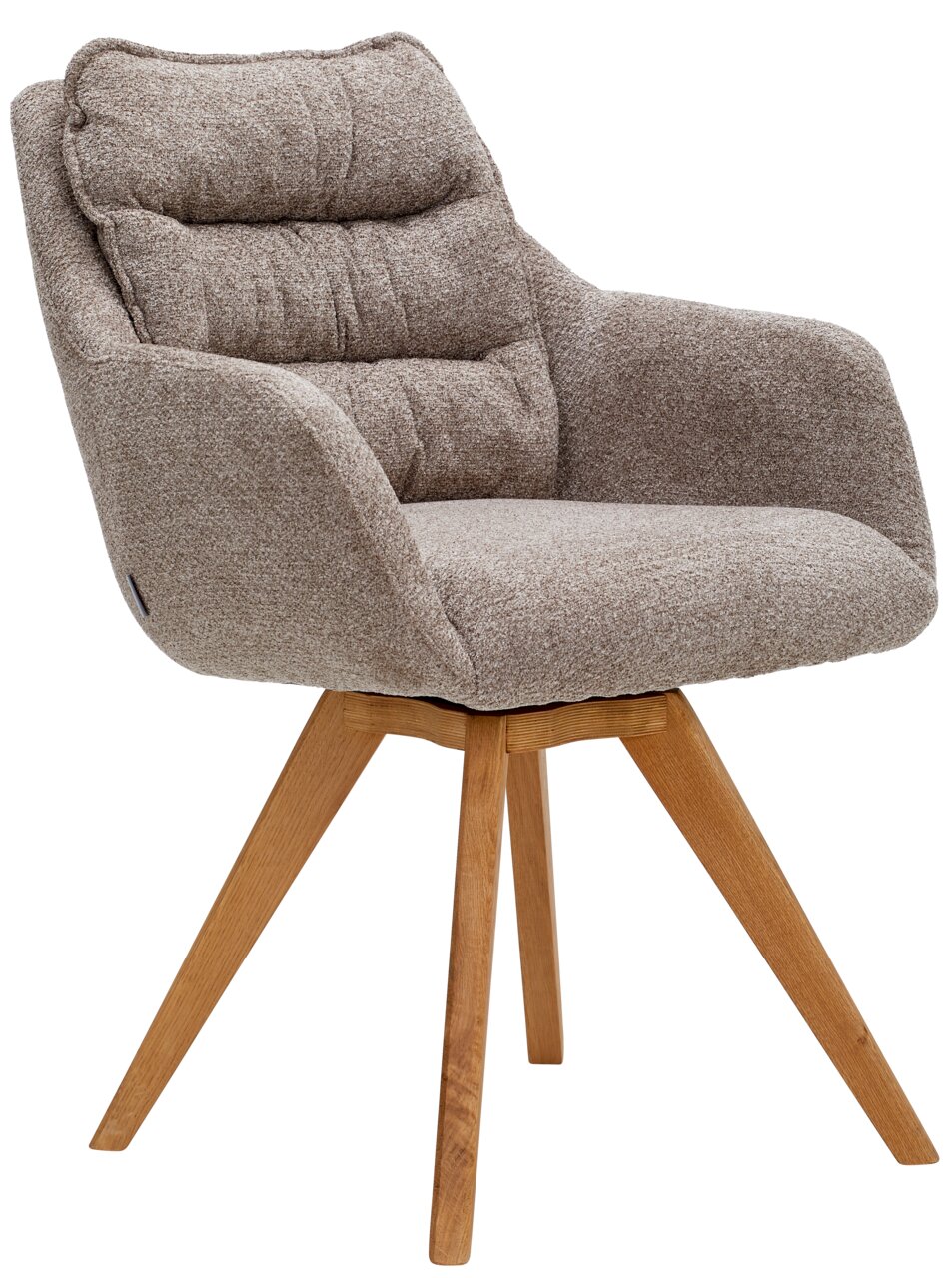 Bequemer Armlehnstuhl mit gepolstertem Sitz und Rückenlehne, aus braunem Stoff, auf Holzbeinen. Seitenansicht.