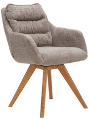 Bequemer Armlehnstuhl mit gepolstertem Sitz und Rückenlehne, aus braunem Stoff, auf Holzbeinen. Seitenansicht.