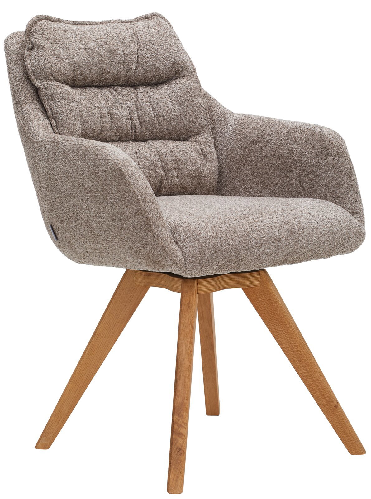 Bequemer Armlehnstuhl mit gepolstertem Sitz und Rückenlehne, aus braunem Stoff, auf Holzbeinen. Seitenansicht.