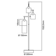 Technische Zeichnung der Standleuchte Simonis mit drei Lampenschirmen, Seitenansicht