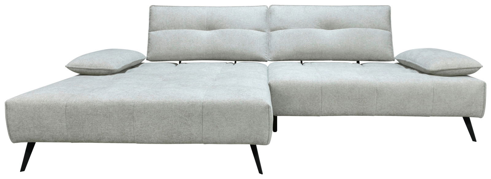 Graue Longchairkombination mit zwei Rückenkissen und zwei Armlehnenkissen, frontal betrachtet.