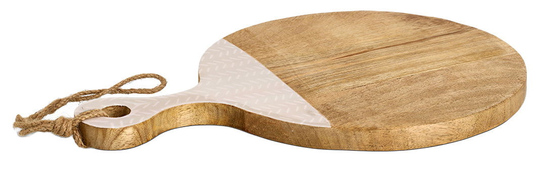 Rundes Schneide- und Servierbrett aus Mangoholz mit dekorativem Griff und Kordel, seitliche Perspektive.