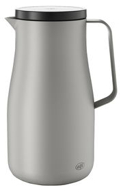 Silberne Isolierkanne Studio mit schwarzem Deckel und Griff, seitliche Perspektive