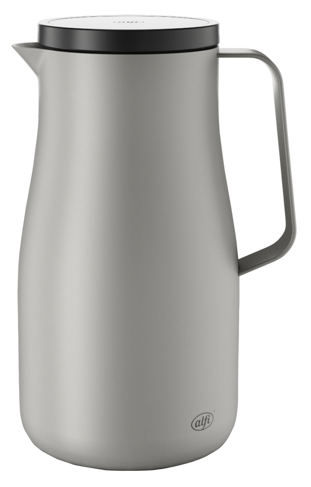 Silberne Isolierkanne Studio mit schwarzem Deckel und Griff, seitliche Perspektive