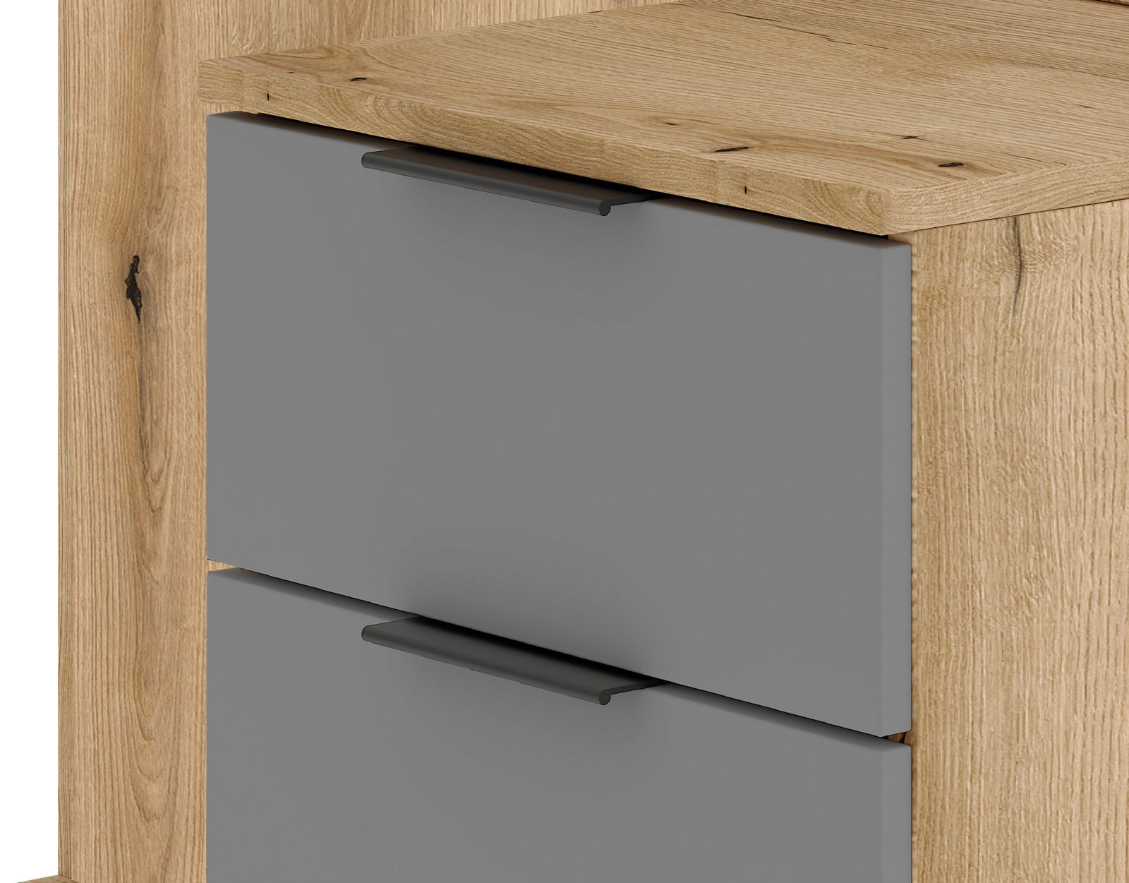 Nahaufnahme einer Kompaktgarderobe mit Holzoptik und grauen Schubladenfronten, seitliche Perspektive