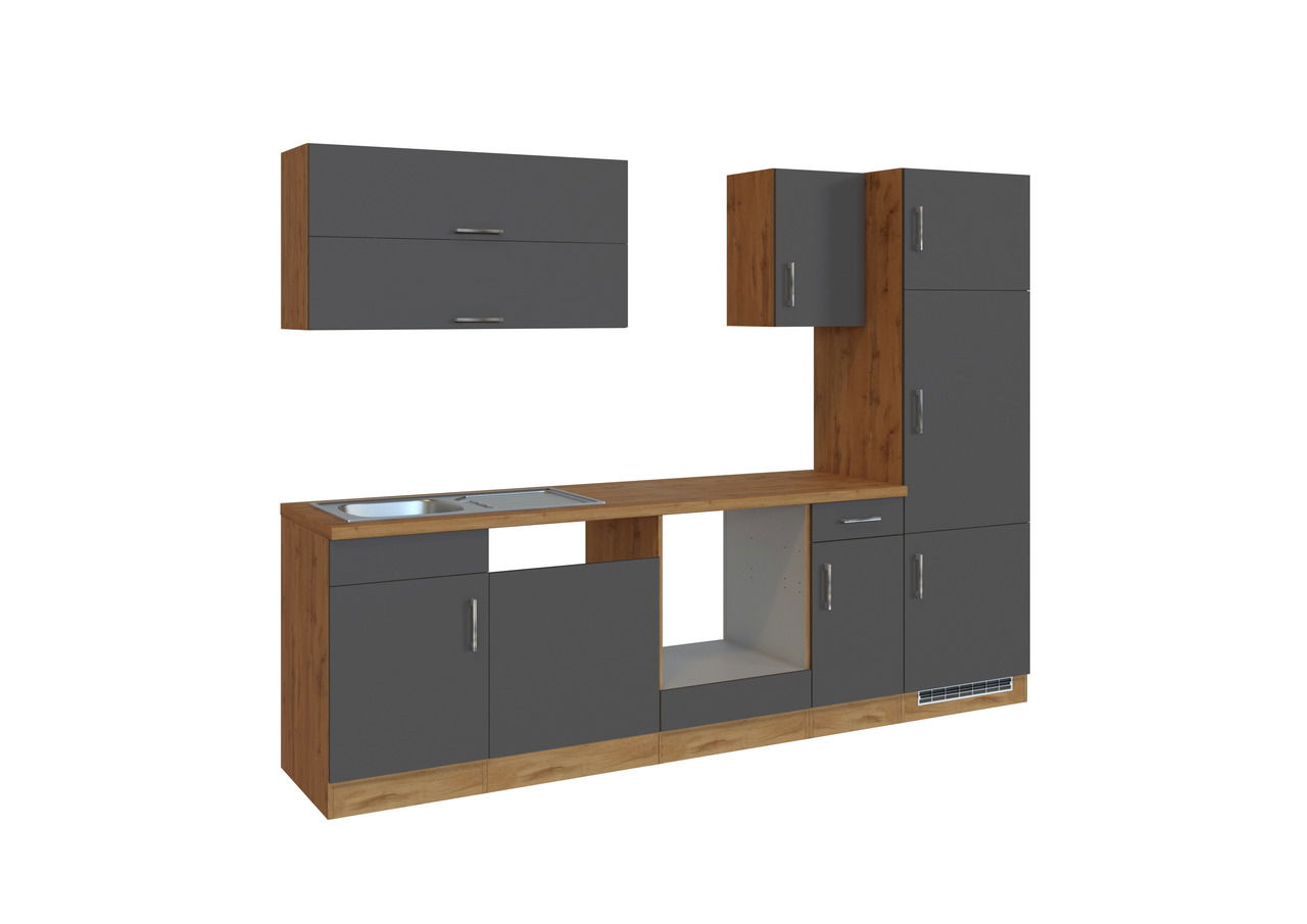 Held Möbel Küchenzeile SORRENTO Moderne Küchenzeile in Holzoptik mit grauen Fronten, bestehend aus Hängeschränken, Unterschränken und integriertem Spülbecken, seitliche Perspektive