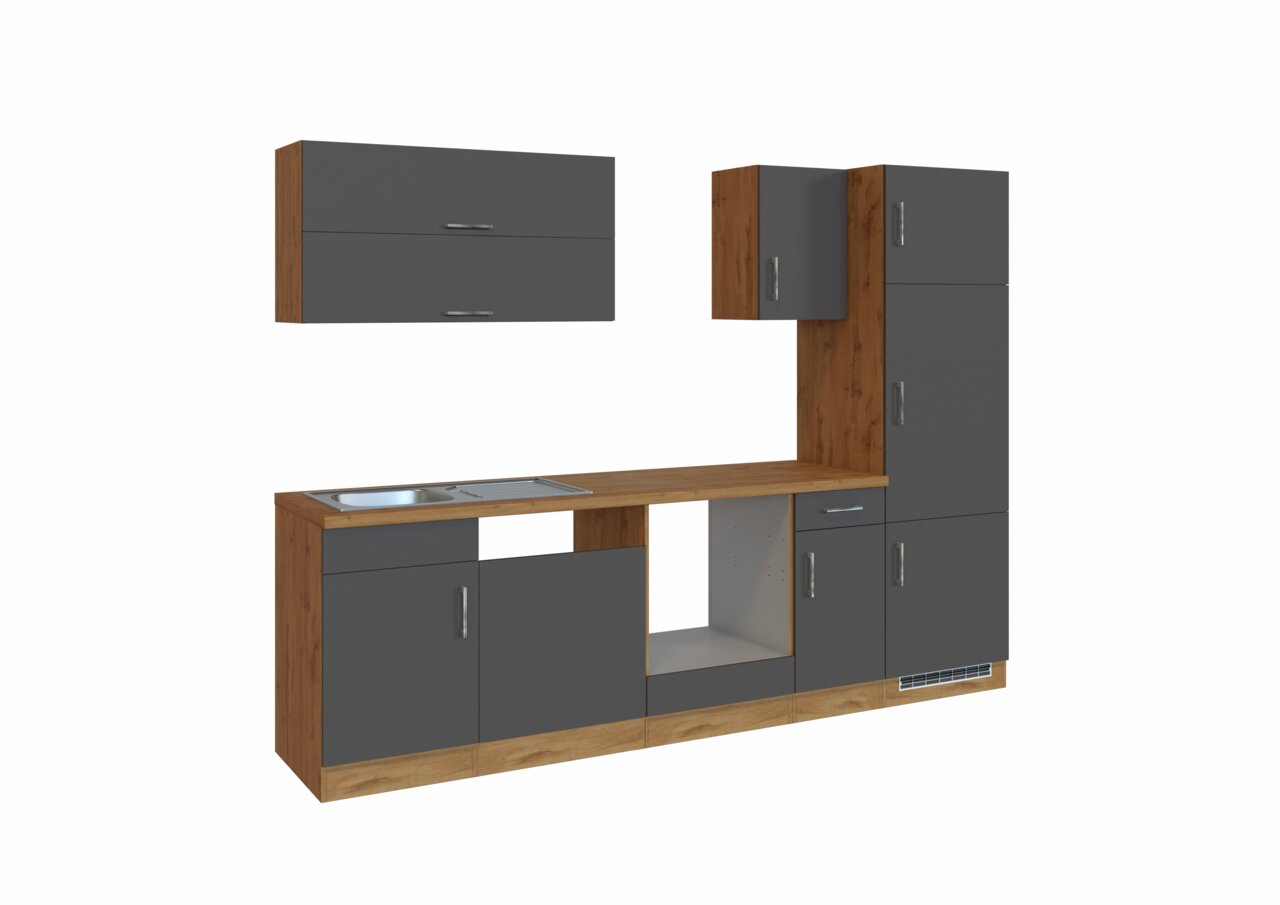 Held Möbel Küchenzeile SORRENTO Moderne Küchenzeile in Holzoptik mit grauen Fronten, bestehend aus Hängeschränken, Unterschränken und integriertem Spülbecken, seitliche Perspektive
