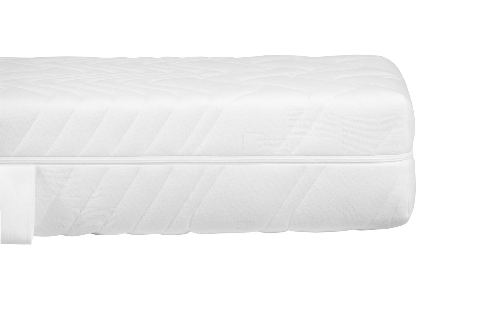 Seitenansicht einer weißen Taschenfederkernmatratze H3 mit gestepptem Bezug und Reißverschluss.