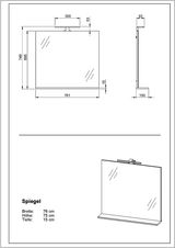 Moderner rechteckiger Spiegel mit integrierter Beleuchtung, Vorderansicht und Seitenansicht, Maße: Breite 76 cm, Höhe 75 cm, Tiefe 15 cm.