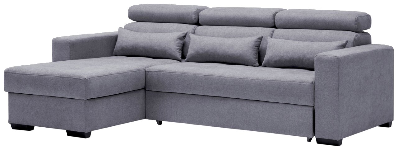 Graues Ecksofa mit verstellbaren Kopfstützen und Kissen, Perspektive von vorne links