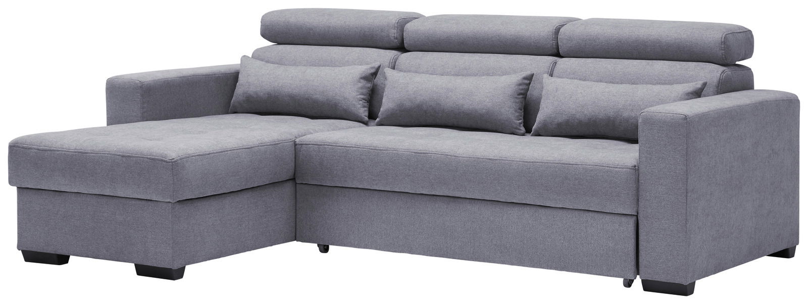 Ecksofa MONSON Graues Ecksofa mit verstellbaren Kopfstützen und Kissen, Perspektive von vorne links