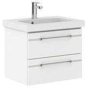 Moderner weißer Waschtisch mit zwei Schubladen und Chromarmaturen, seitliche Perspektive