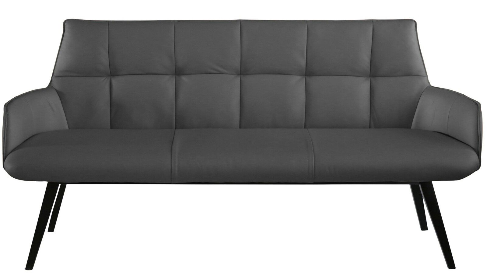 Graue, moderne Zweisitzer-Bank mit gepolsterter Rückenlehne und schrägen Beinen, Frontalansicht