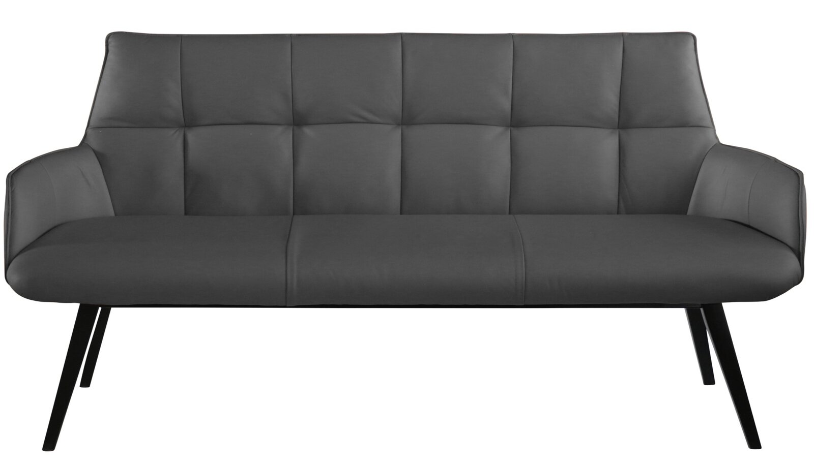 Graue, moderne Zweisitzer-Bank mit gepolsterter Rückenlehne und schrägen Beinen, Frontalansicht