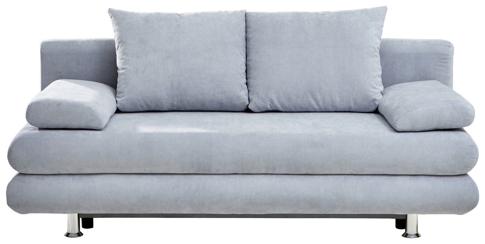 Graues Funktionssofa mit zwei großen Rückenkissen und Armlehnen, Frontalansicht