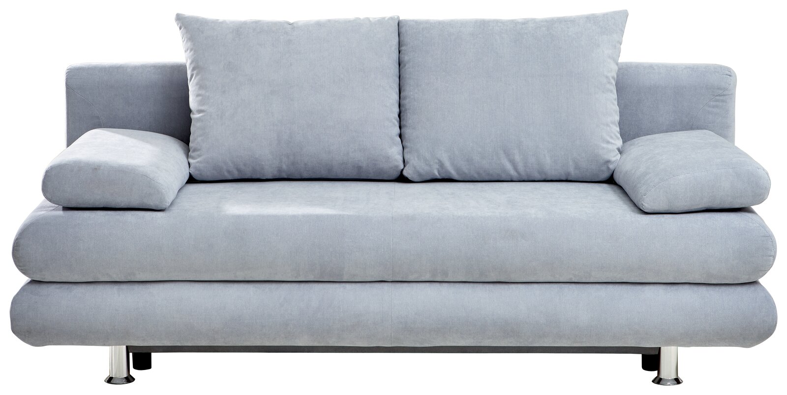 Graues Funktionssofa mit zwei großen Rückenkissen und Armlehnen, Frontalansicht
