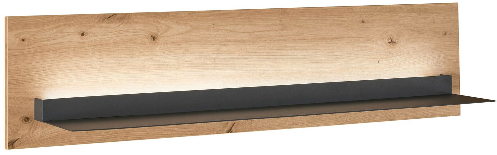 Wandboard aus Holz mit schwarzem Regal, frontale Perspektive