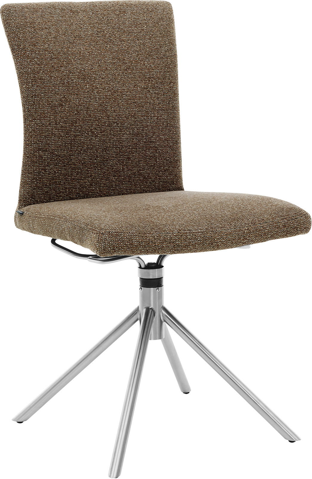 Musterring Stuhl MR HELMOND Moderner Stuhl mit braunem Stoffbezug und silbernem Metallgestell, seitliche Perspektive