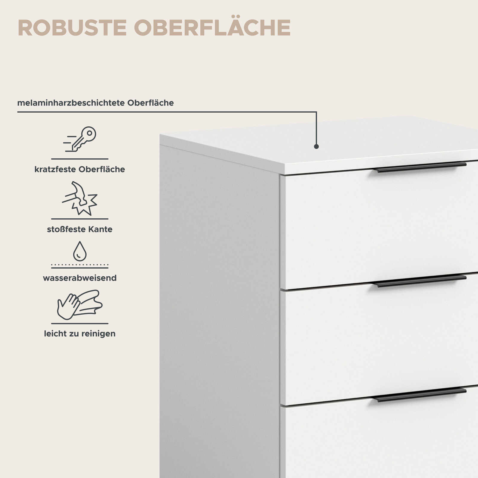 Schlichte weiße Kommode mit drei Schubladen und schwarzen Griffen, Detailansicht der melaminharzbeschichteten, robusten Oberfläche mit Hinweisen auf kratzfest, stoßfeste Kante, wasserabweisend und leicht zu reinigen, Perspektive: schräg von vorne oben.