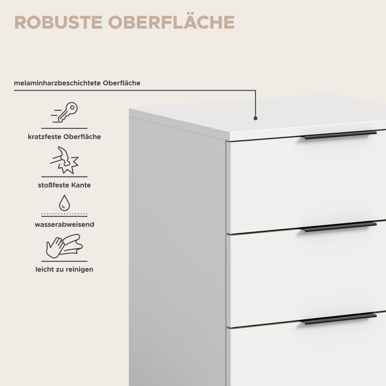 Schlichte weiße Kommode mit drei Schubladen und schwarzen Griffen, Detailansicht der melaminharzbeschichteten, robusten Oberfläche mit Hinweisen auf kratzfest, stoßfeste Kante, wasserabweisend und leicht zu reinigen, Perspektive: schräg von vorne oben.