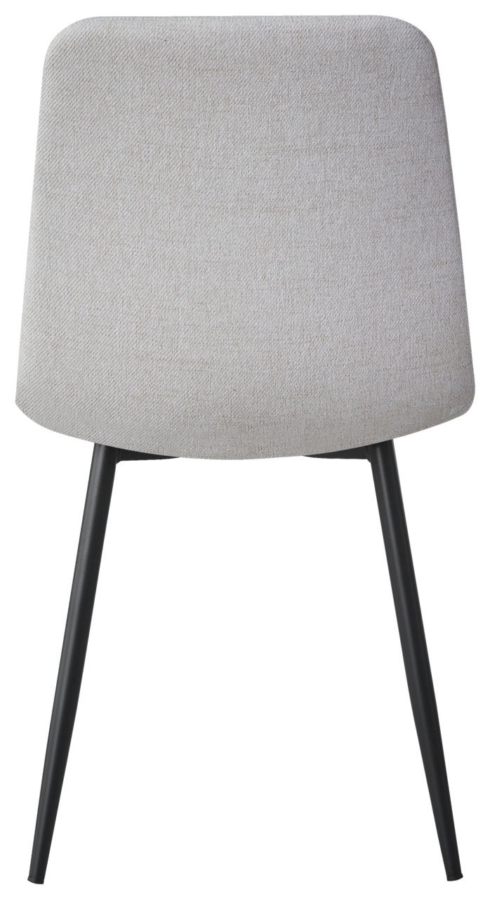 Moderner Stuhl mit hellgrauer Polsterung und schwarzen Metallbeinen, Frontalansicht