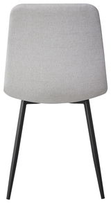 Moderner Stuhl mit hellgrauer Polsterung und schwarzen Metallbeinen, Frontalansicht