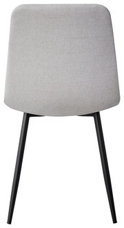 Moderner Stuhl mit hellgrauer Polsterung und schwarzen Metallbeinen, Frontalansicht