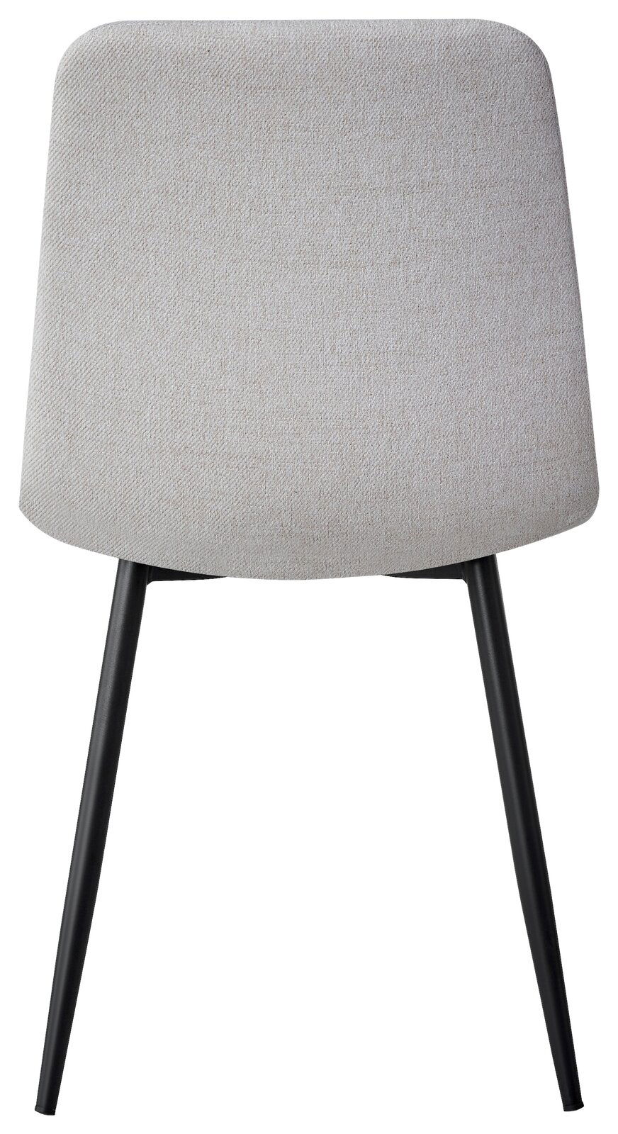 Moderner Stuhl mit hellgrauer Polsterung und schwarzen Metallbeinen, Frontalansicht