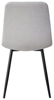 Moderner Stuhl mit hellgrauer Polsterung und schwarzen Metallbeinen, Frontalansicht