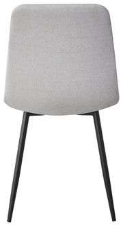 Moderner Stuhl mit hellgrauer Polsterung und schwarzen Metallbeinen, Frontalansicht
