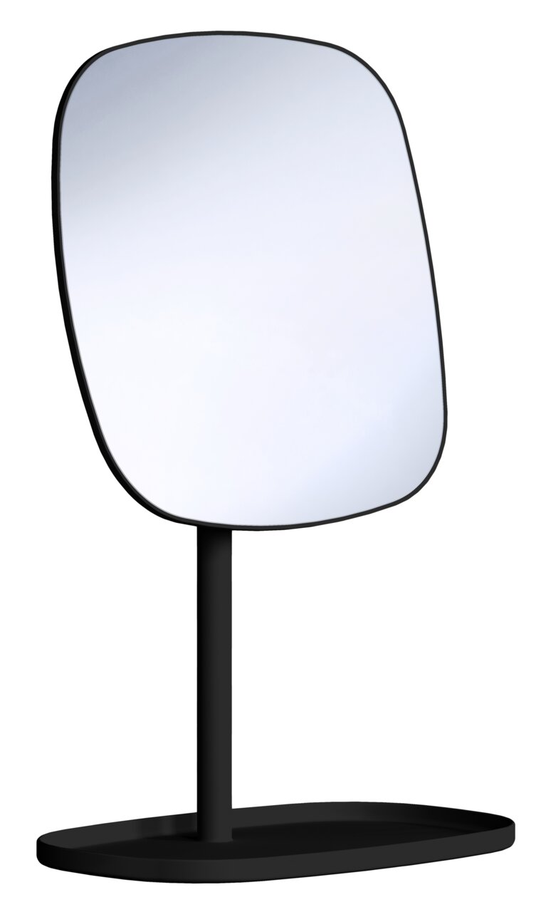 Moderner Standspiegel mit abgerundeter rechteckiger Spiegelfläche, schwarzem Rahmen und schwarzem Standfuß, freigestellt auf weißem Hintergrund, Frontansicht leicht schräg von links